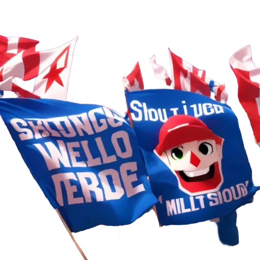 A bunch of people holding blue flags that sayontoncwenalovelo waldo verde.