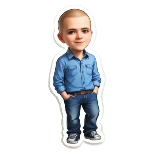 A boy wearing blue jeans and a blue shirt with a pocket.