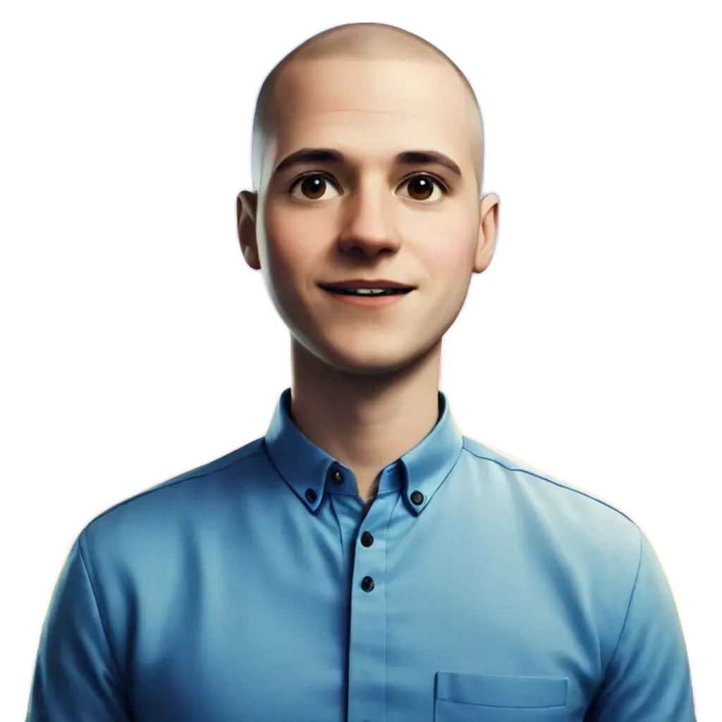 A young man with a blue shirt and no hair.