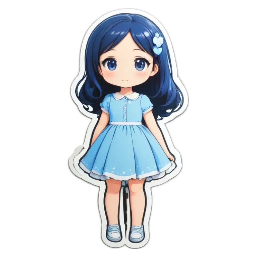 A girl with a blue dress is looking down.