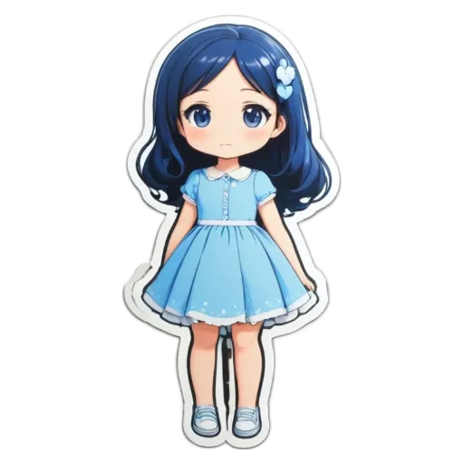 A girl with a blue dress is looking down.