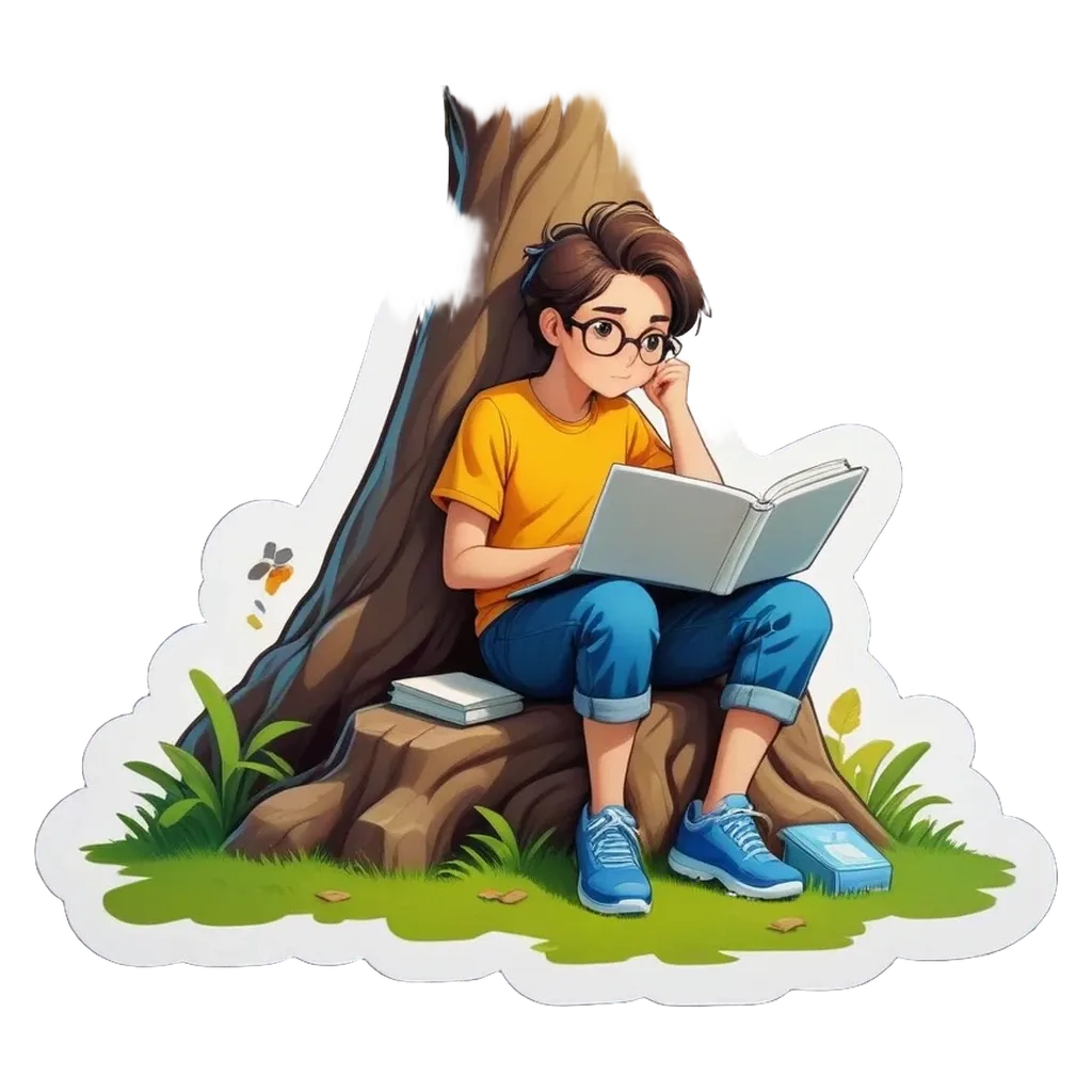 A boy reading a book with a sticker that has a tree on it.