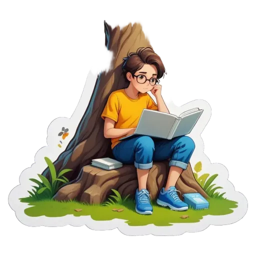 A boy reading a book with a sticker that has a tree on it.