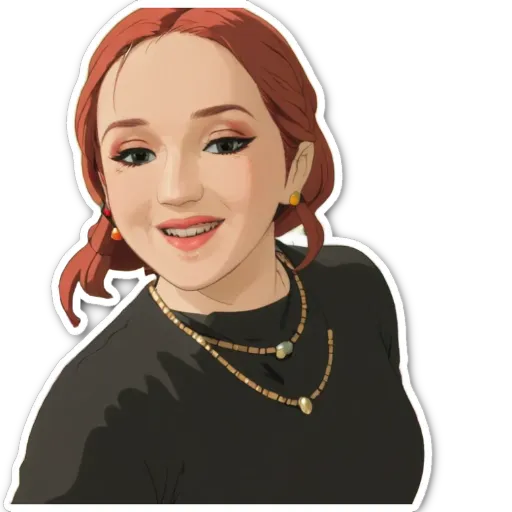 An art cartoonish drawing of a redheaded girl wearing black and gold.