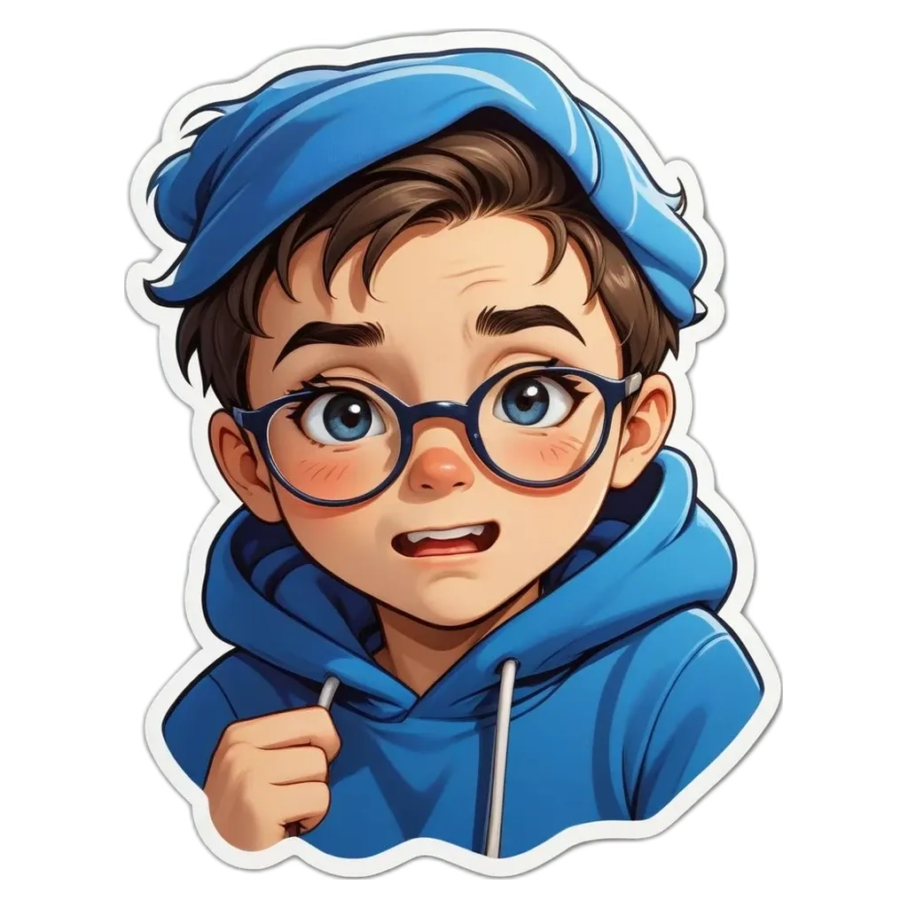 A boy wearing glasses and a blue hoodie.