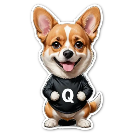 a corgi dog that has the letter q on its shirt.