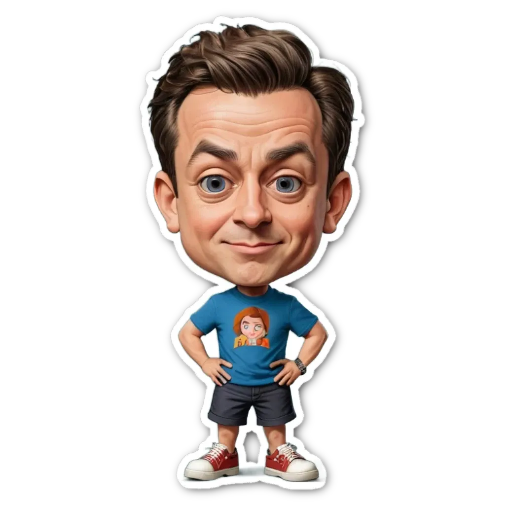 A cartoon drawing of a man wearing a blue shirt and shorts.