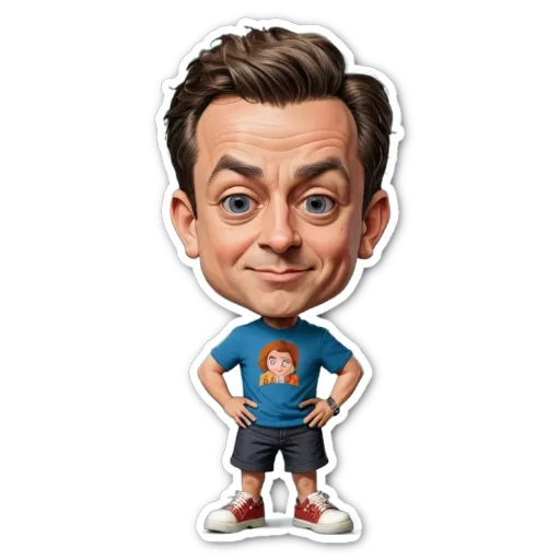 A cartoon drawing of a man wearing a blue shirt and shorts.