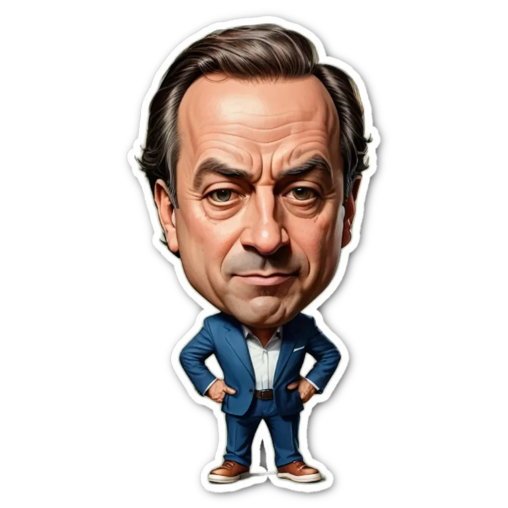 A drawing of a man in a suit with his hands on his hips.