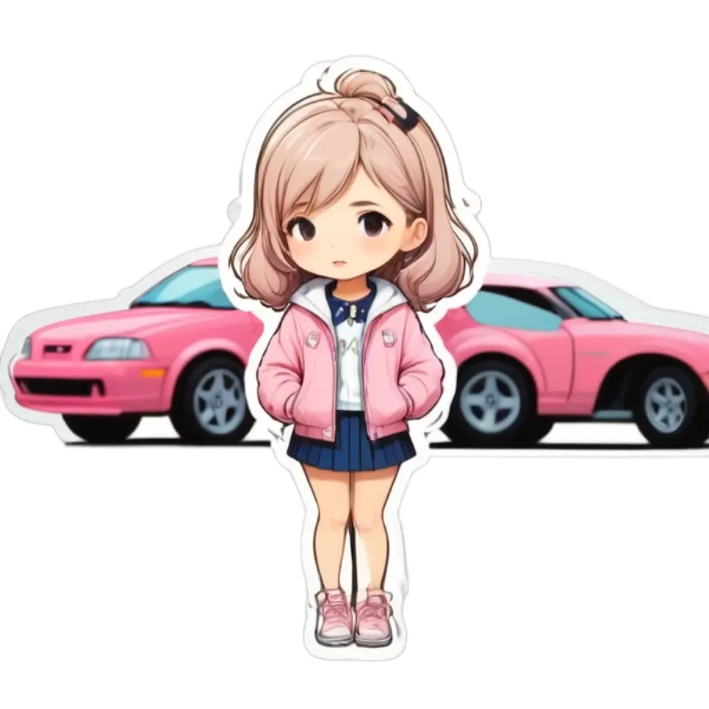 A girl in a pink jacket stands next to a car.