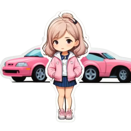 A girl in a pink jacket stands next to a car.