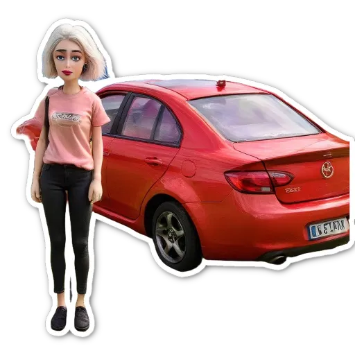 A girl in a pink shirt stands next to a toy car.