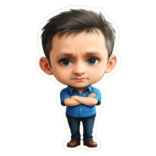 A boy that is blue in color with two arms crossed.