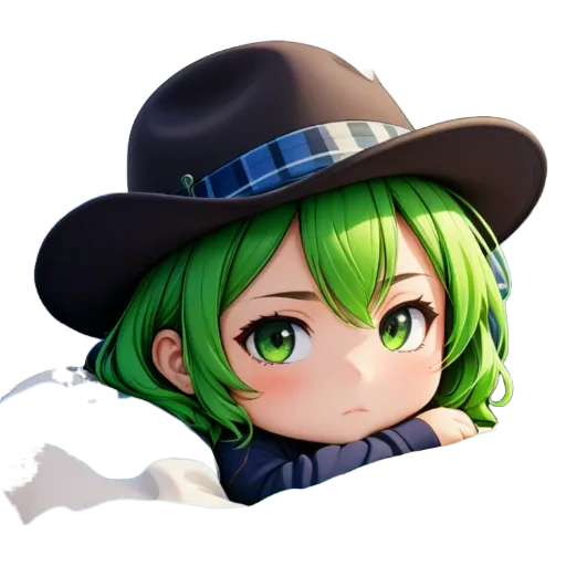 A girl with green eyes and a hat looking down with her chin resting on her hand.