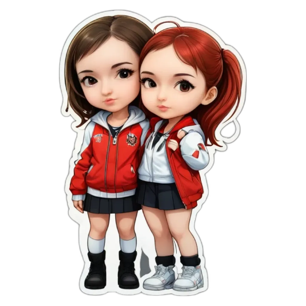 Two girls wearing the same jacket and standing next to each other.