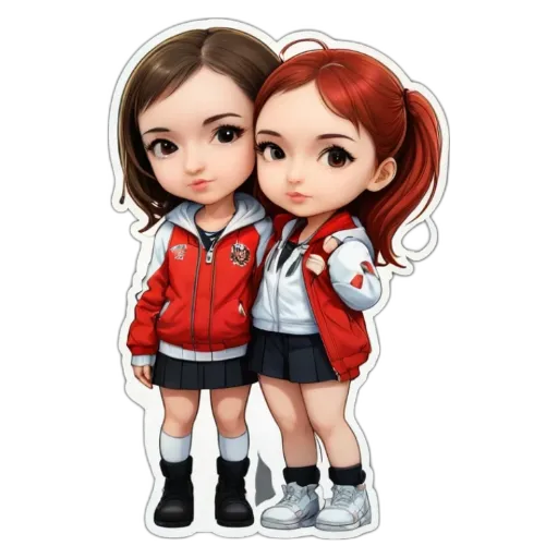 Two girls wearing the same jacket and standing next to each other.