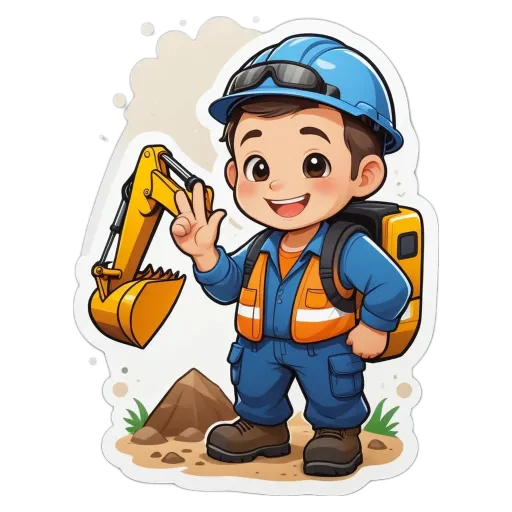 A cartoon picture of a boy who wears a hard hat and is holding a giant shovel.