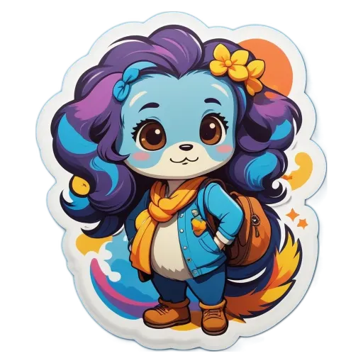 A colorful character with a backpack and jacket standing on a black background.