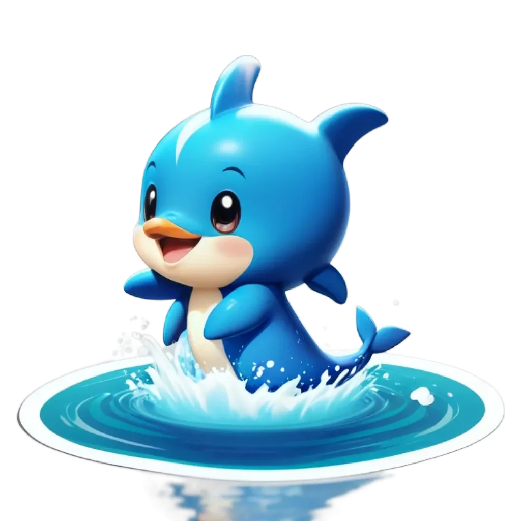 A blue cartoon animal swimming in a pool of water.