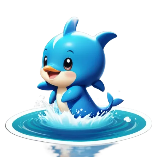 A blue cartoon animal swimming in a pool of water.