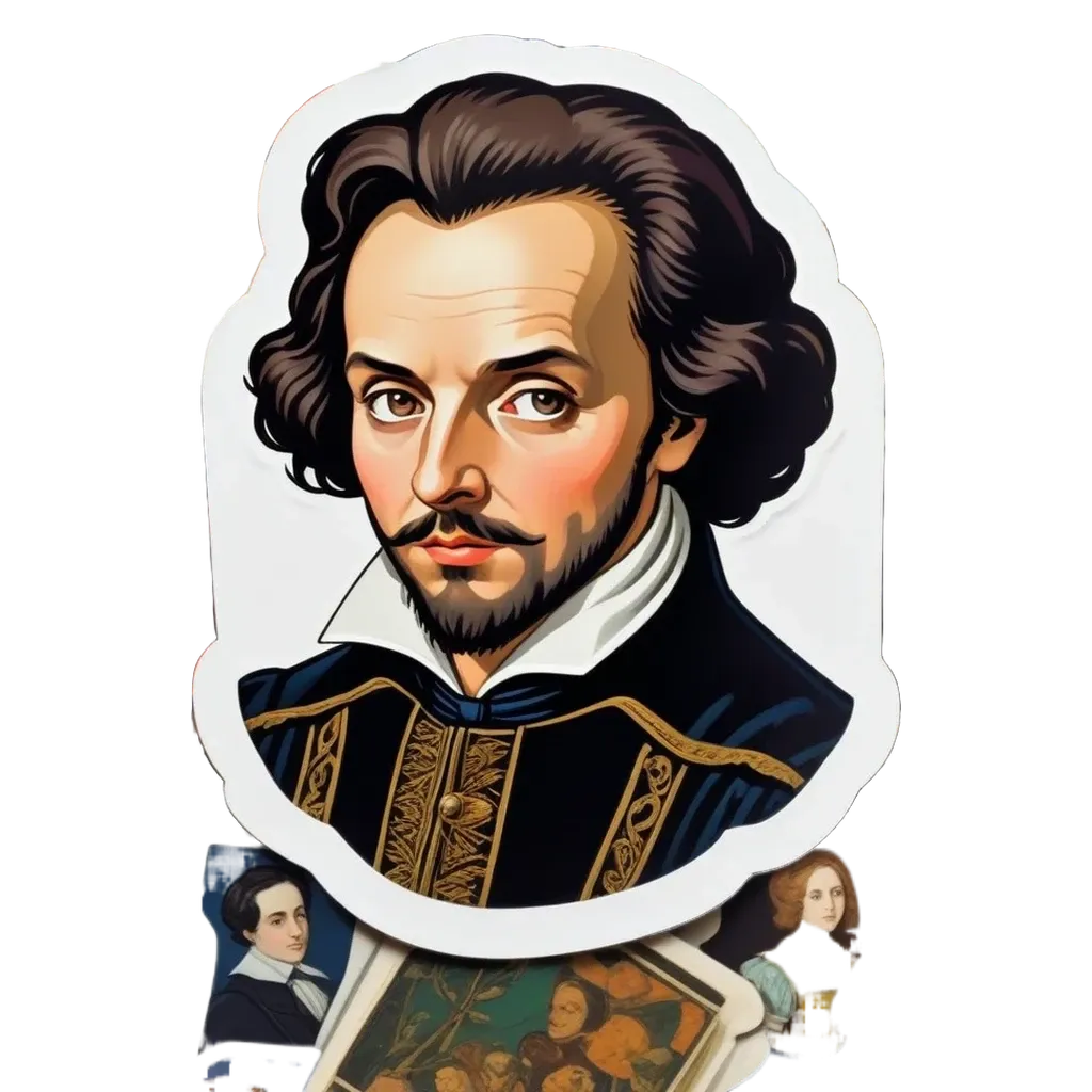 A man from history is depicted on a sticker with Shakespeare written on his face.
