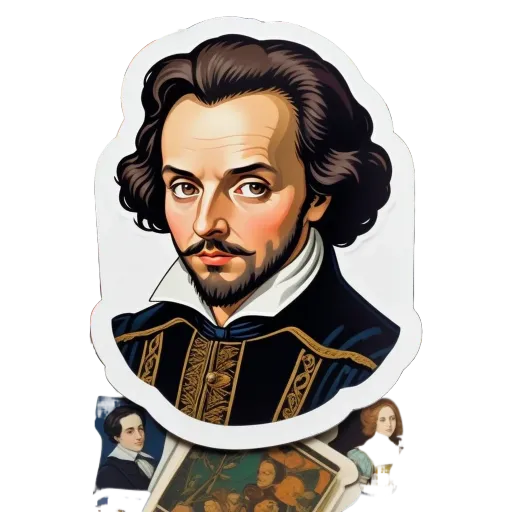 A man from history is depicted on a sticker with Shakespeare written on his face.