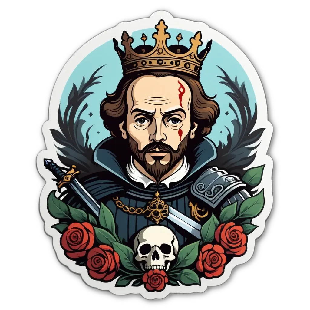 A man with a crown and Shakespeare written on his shirt.