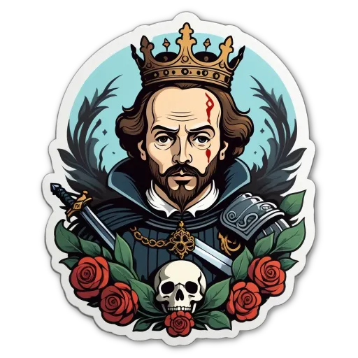 A man with a crown and Shakespeare written on his shirt.
