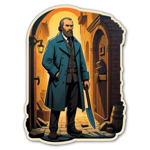 A man with a knife in his hand is standing in front of a door.