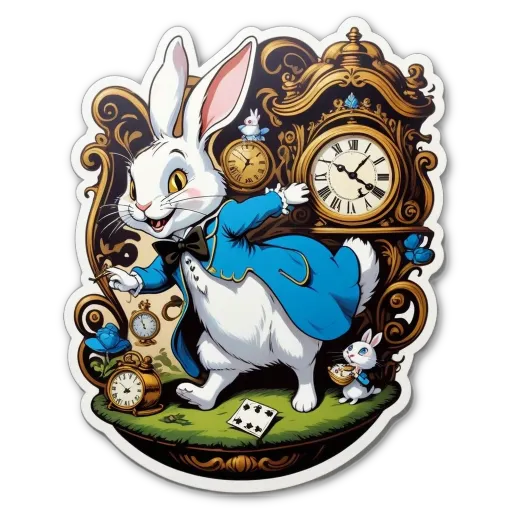 A bunny dressed in a blue suit standing next to a clock.