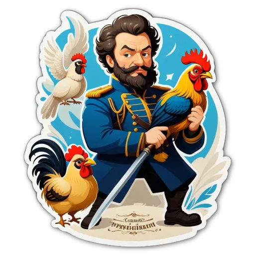 A cartoon of a man with a sword holding roosters.