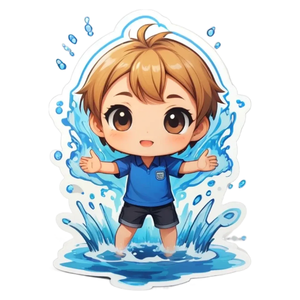 A boy wearing blue shorts is standing in water with his arms up.