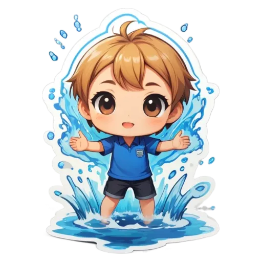 A boy wearing blue shorts is standing in water with his arms up.