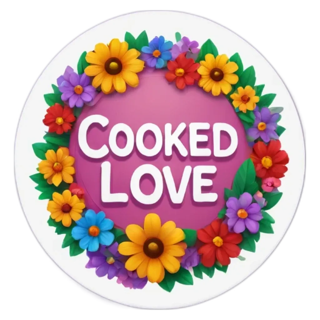 a round sticker with the words cooked love written on it.