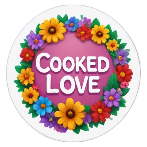 a round sticker with the words cooked love written on it.