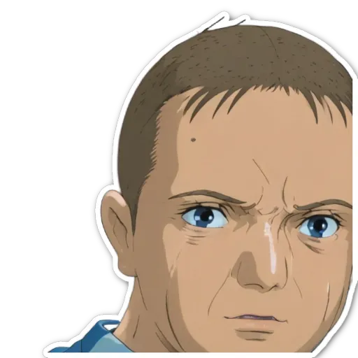 A sticker of a man's face with a single word on it: upset.