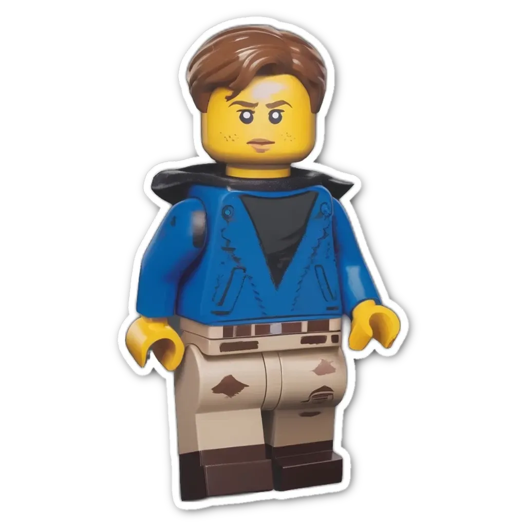 A blue and yellow lego figure on a black background.