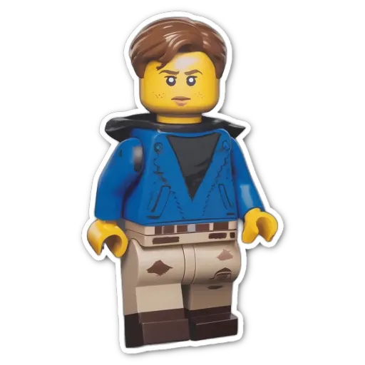 A blue and yellow lego figure on a black background.