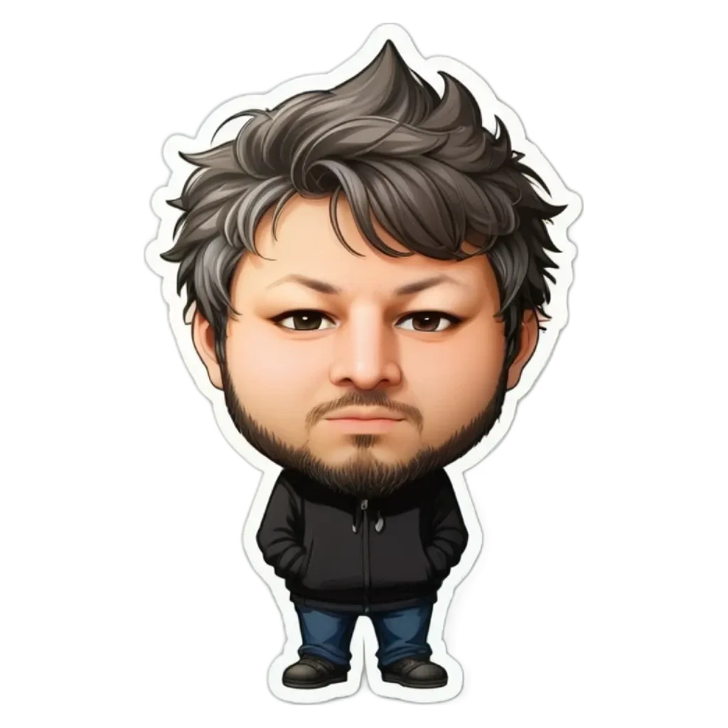 A sticker of a man with a beard and black jacket that is labeled 'this is an image of'.