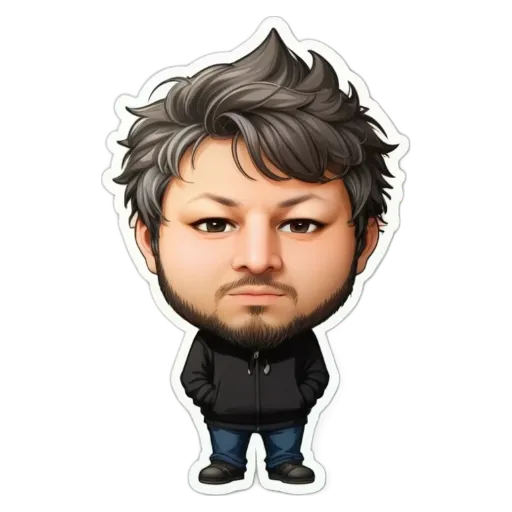 A sticker of a man with a beard and black jacket that is labeled 'this is an image of'.
