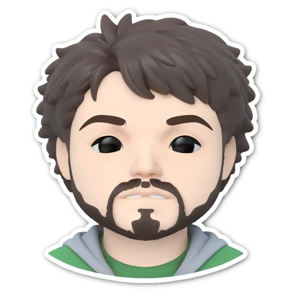 A sticker of a man's face with a green shirt and a goatee.