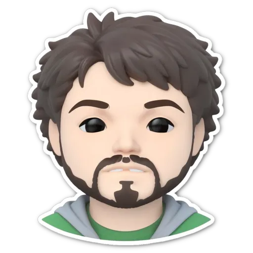 A sticker of a man's face with a green shirt and a goatee.