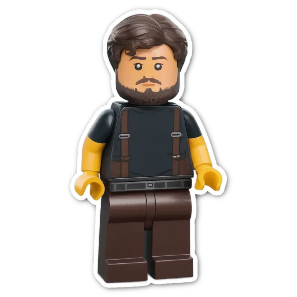 A lego person with a beard and suspenders.