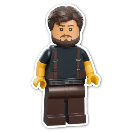 A lego person with a beard and suspenders.