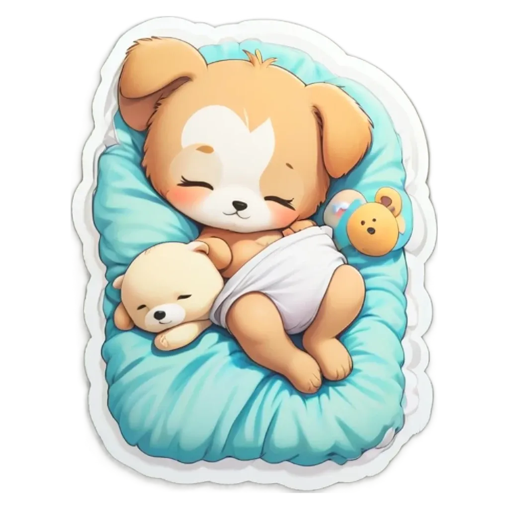 A sticker of a dog sleeping that is also a teddy bear.