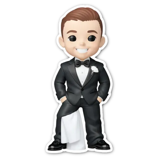 A small cartoon depiction of a groom in a tuxedo with a towel over his shoulder.