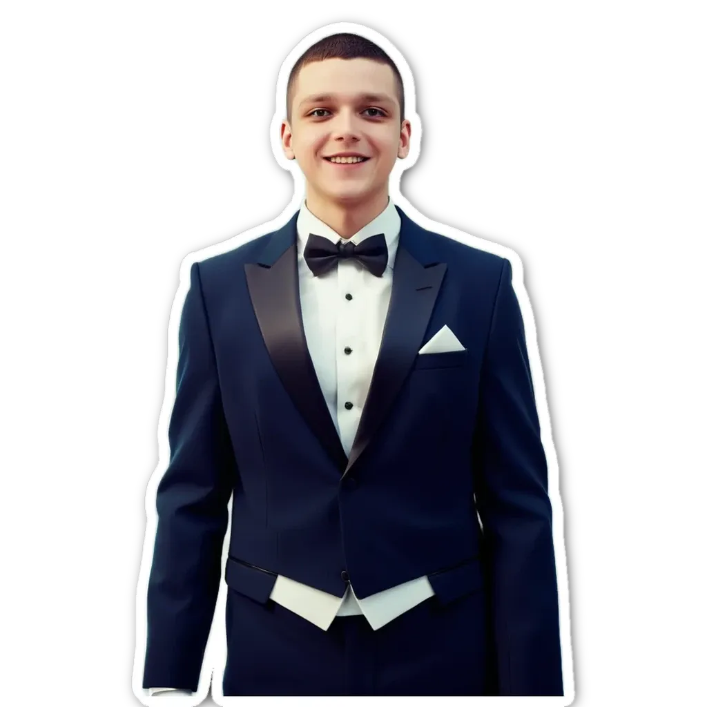 A young man wearing a tuxedo is smiling.