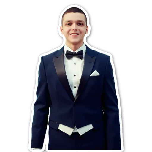A young man wearing a tuxedo is smiling.