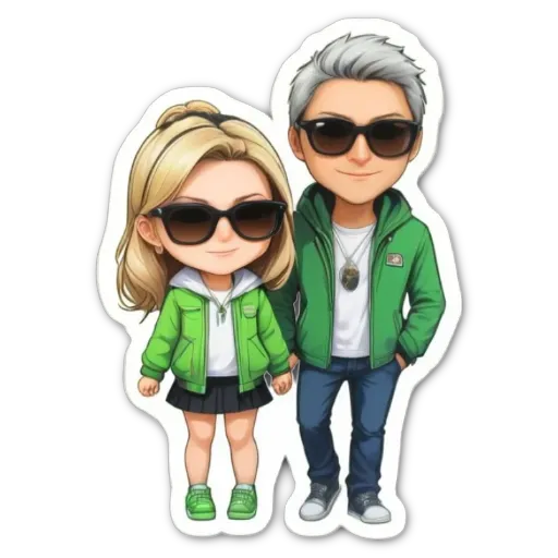 A boy and girl wearing sunglasses and a green jacket.