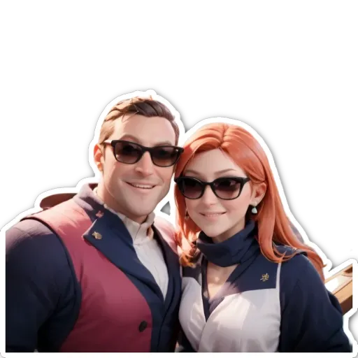 A man and a woman wearing sunglasses are shown on a black and white background.
